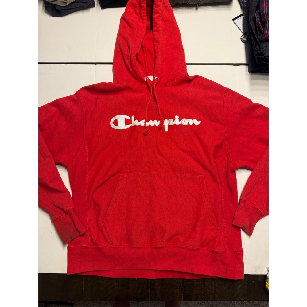 Champion Reverse Weave Hoodie Red Script Logo Mens Large GF68 2WC Sweatshirt
